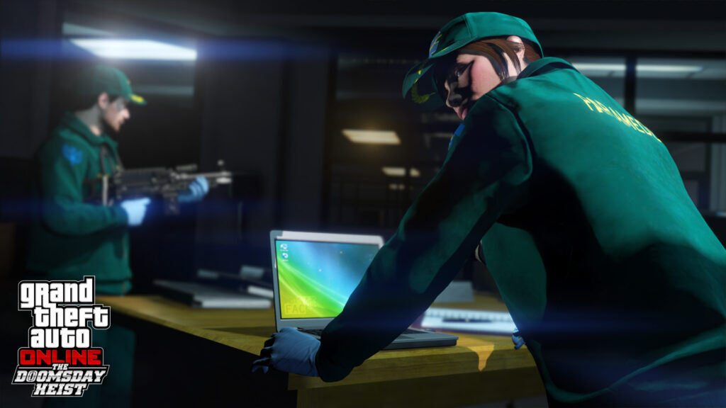 GTA Online character working on a laptop