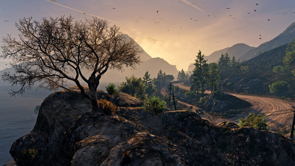Sunset over the coast road in Grand Theft Auto V