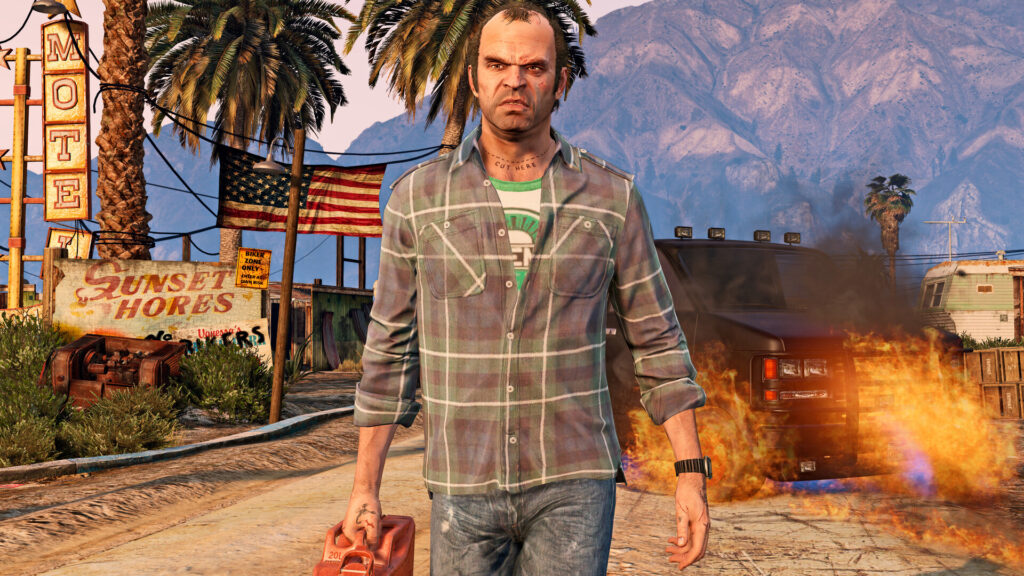 Trevor with a fuel can by a burning car in Grand Theft Auto V