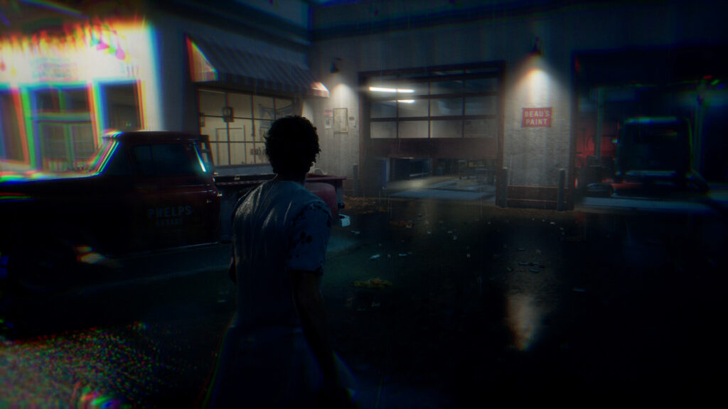 A civilian outside a garage, with colour fringing at the edges of the frame