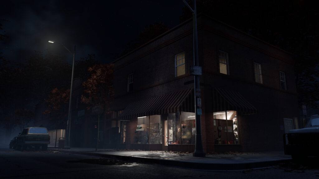 A corner shop on a Haddonfield street at night