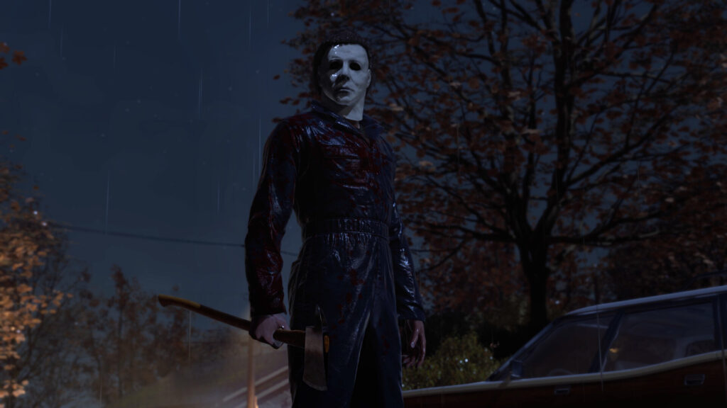 Michael Myers with an axe on a street at night