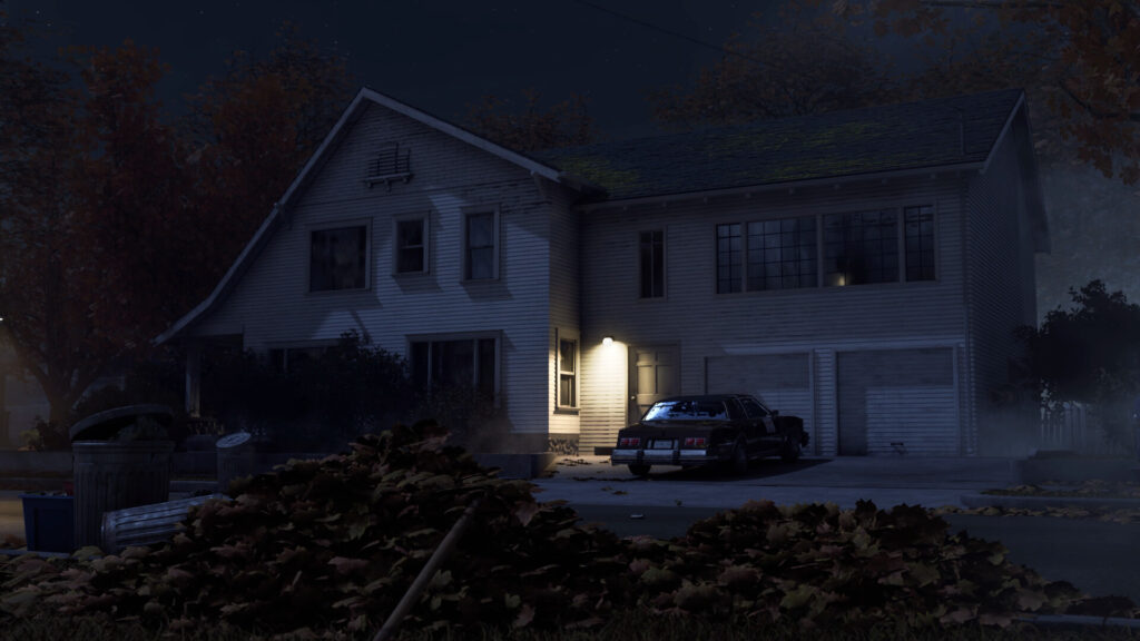 The Myers house at night with a car parked by the porch