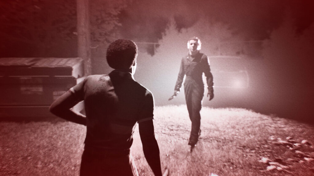 Michael walking towards a civilian, the screen tinted red