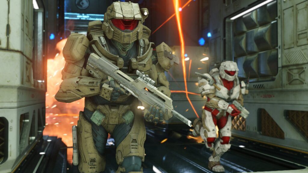 Spartans advancing down a station corridor