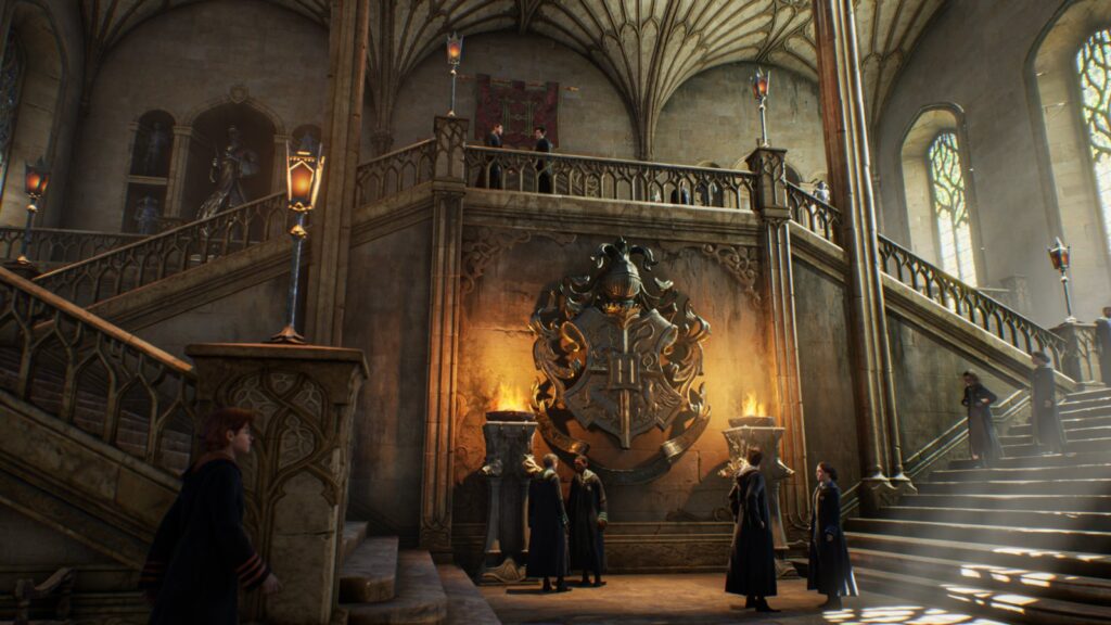A castle hall with staircases