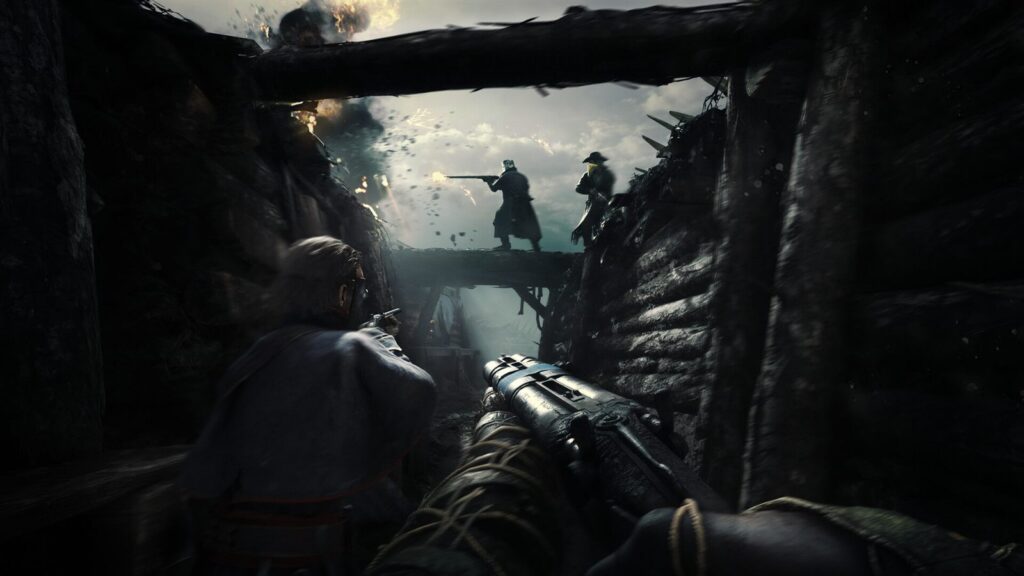 A firefight by a burning building in Hunt: Showdown 1896