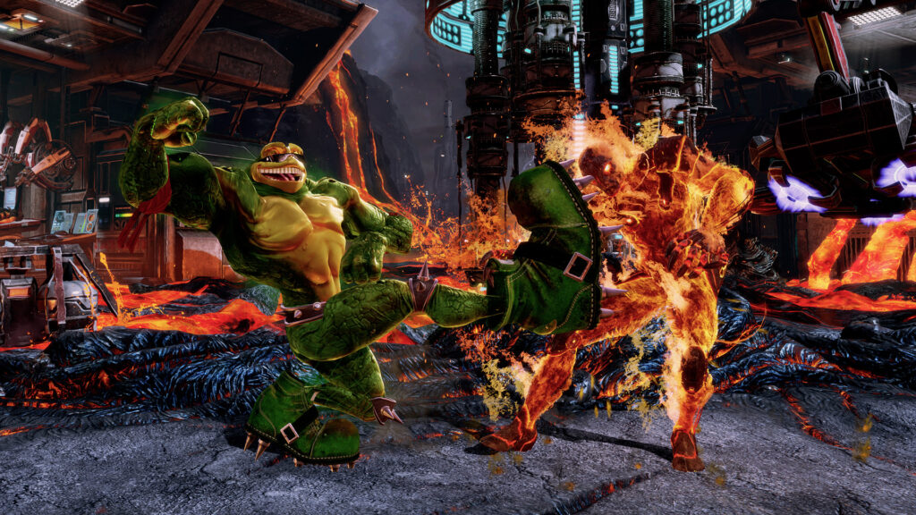 Two fighters trading blows over lava in Killer Instinct
