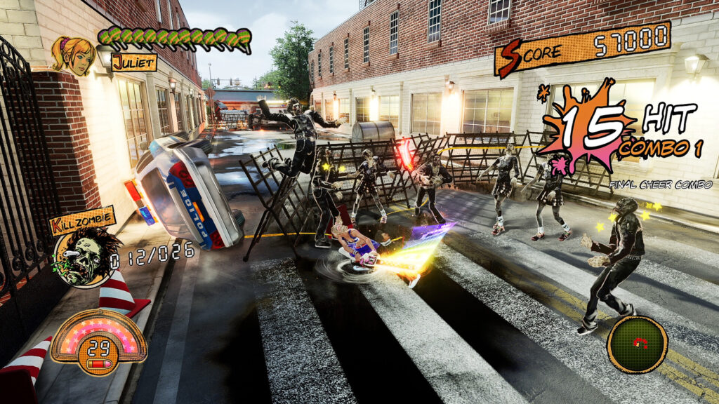 Juliet met haar kettingzaag tegen zombies op straat in Lollipop Chainsaw RePOP