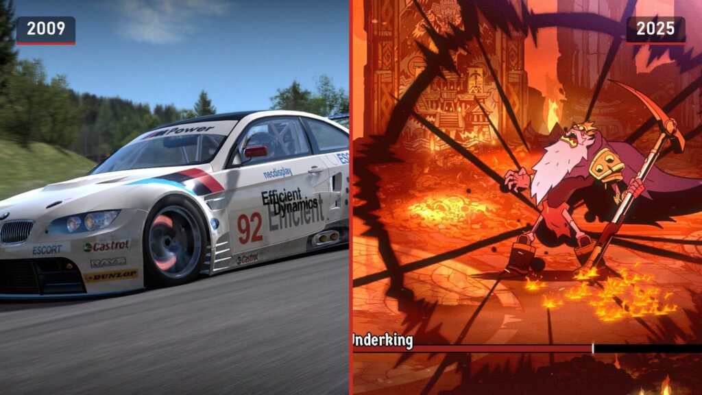 Left, a BMW M3 GT2 in Need for Speed: Shift from 2009; right, the Underking boss in Absolum from 2025