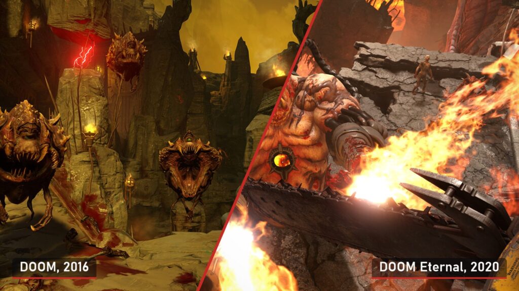 Left, cacodemons in Doom (2016); right, a chainsaw against a Mancubus in Doom Eternal