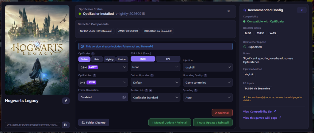Game window after installing OptiScaler through Client