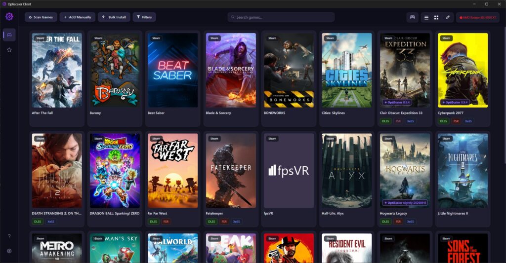 OptiScaler Client main window with the game library