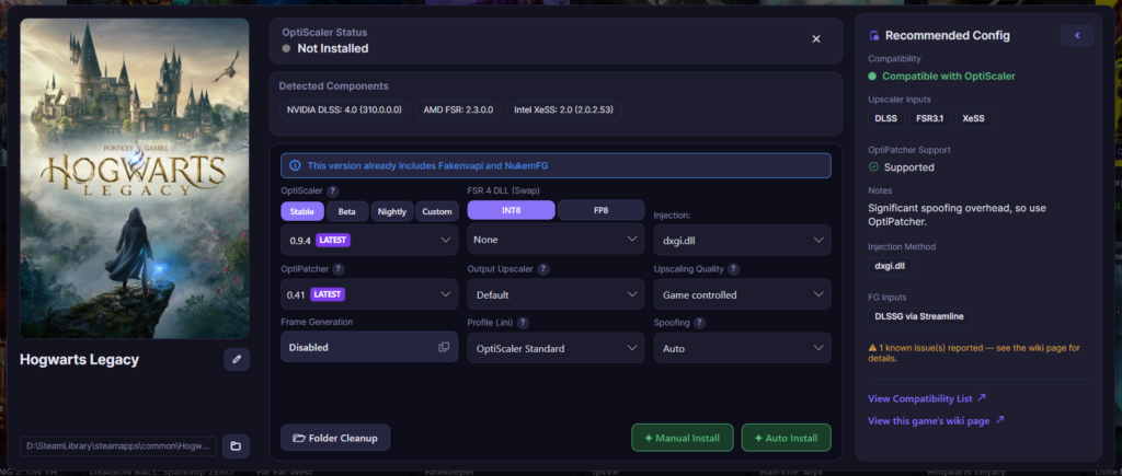 Game management window in OptiScaler Client