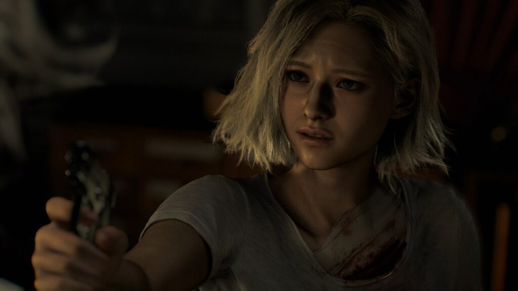 Grace holding a pistol in half-light