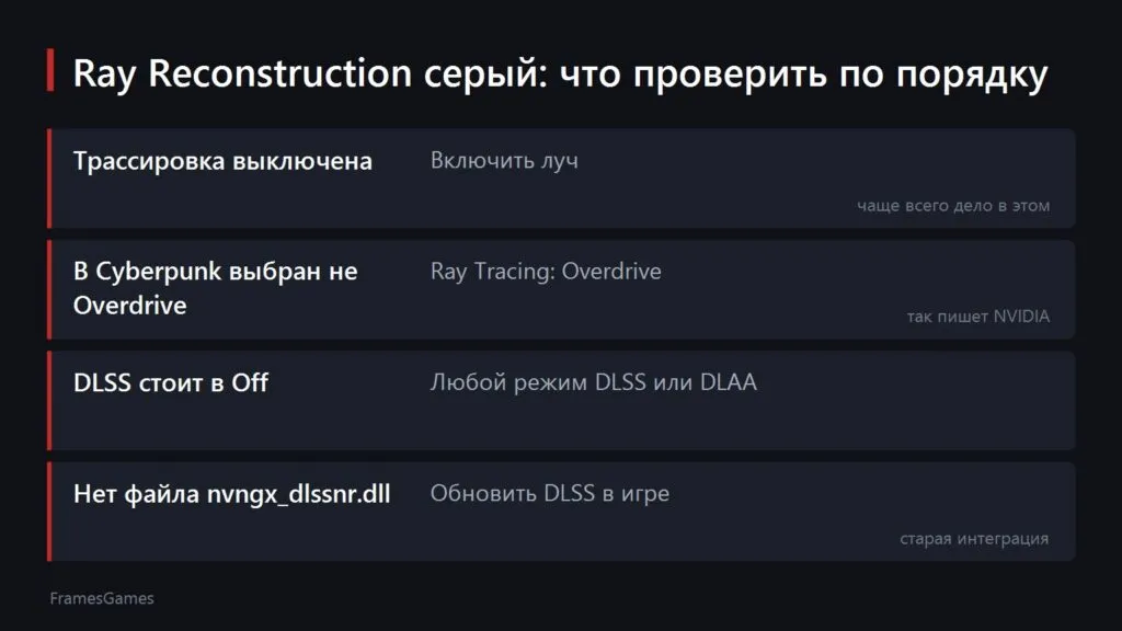 Таблица из четырёх причин, почему пункт Ray Reconstruction неактивен, и что с каждой делать