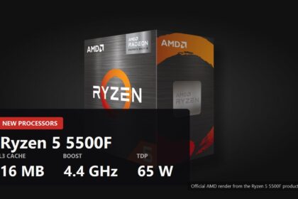 Official AMD render of the boxed Ryzen 5 5500F with the key figures over it