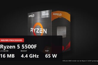 Official AMD render of the boxed Ryzen 5 5500F with the key figures over it