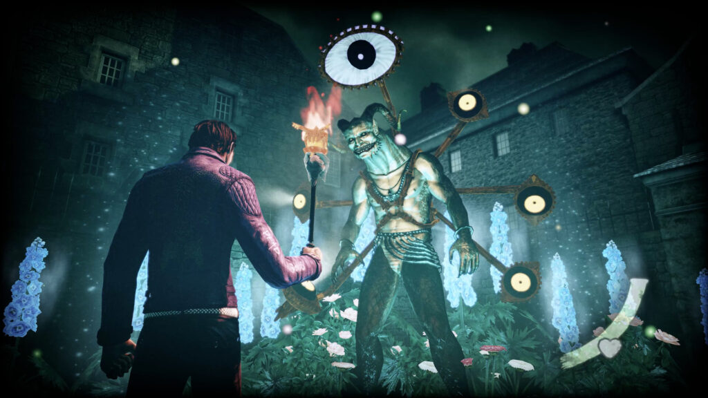 Garcia Hotspur tegenover een demon in een neonhel in Shadows of the Damned