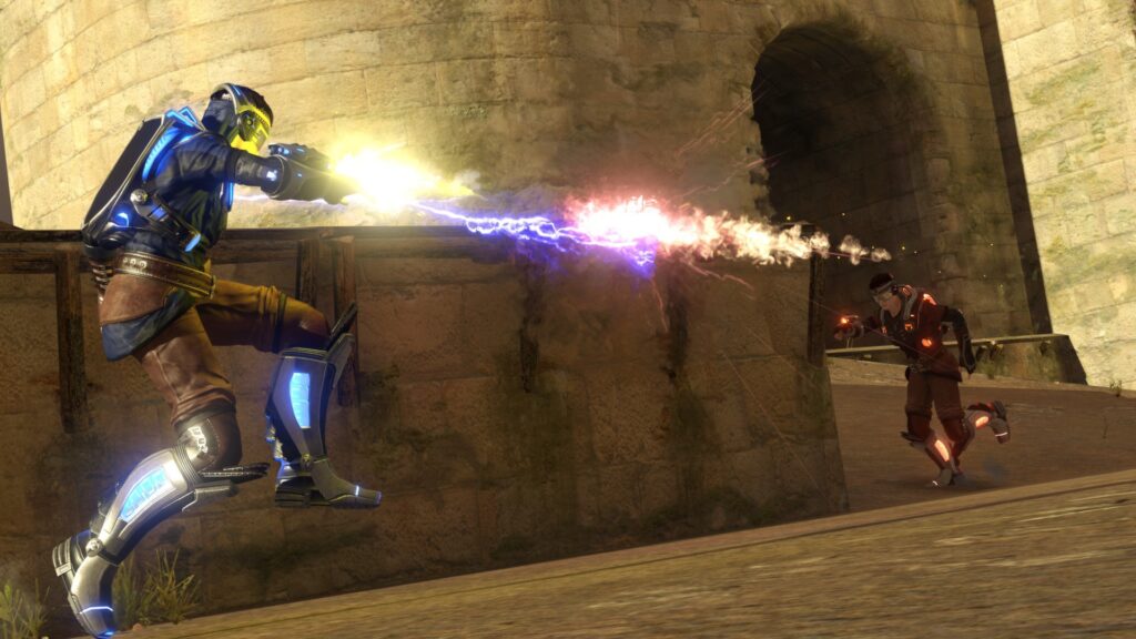 A player firing from a castle wall in ShootMania Storm