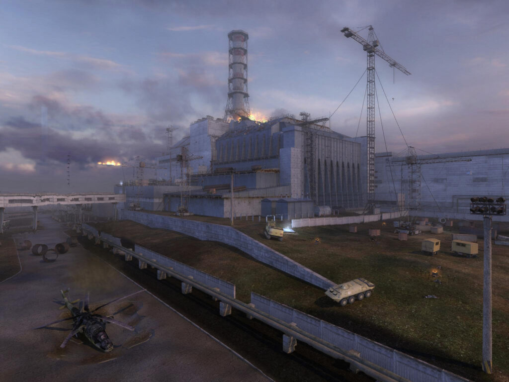 Shadow of Chernobyl sarcophagus at dusk