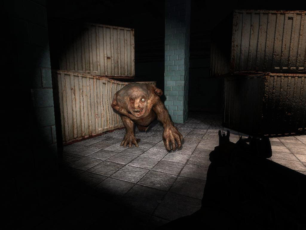 Shadow of Chernobyl snork in a dark warehouse