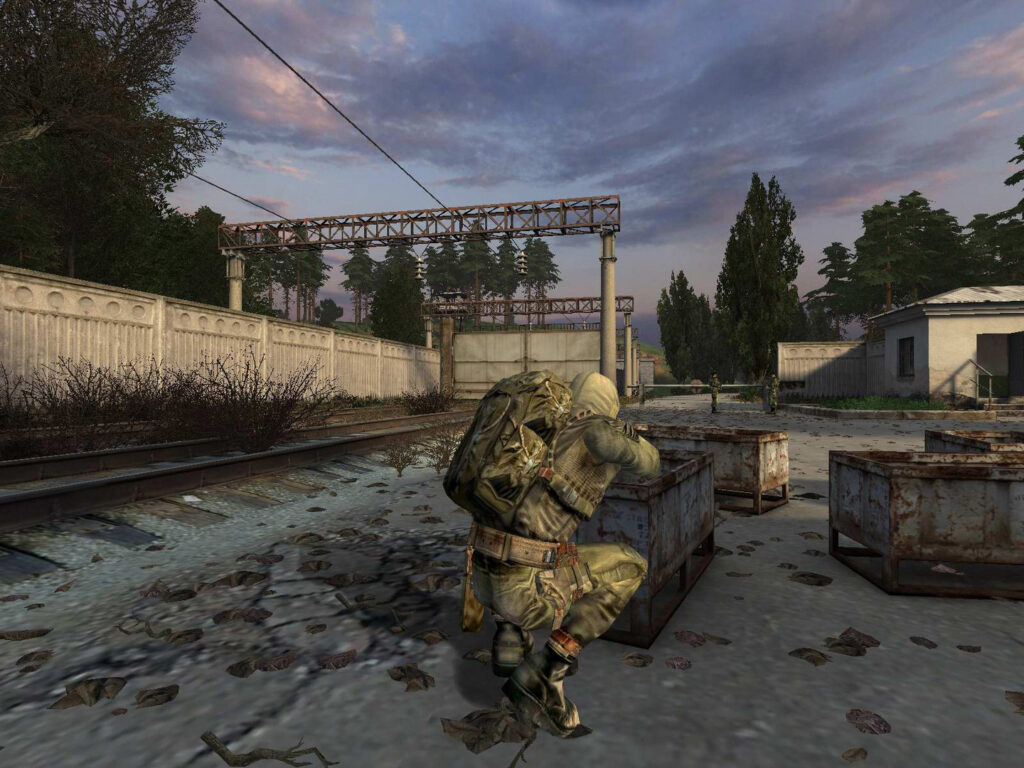 Shadow of Chernobyl stalker crouching by the rails