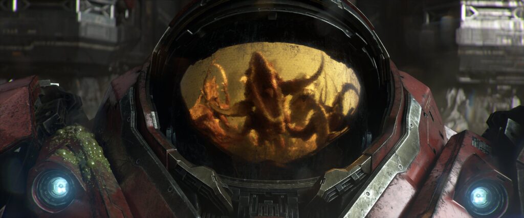 Zerg reflected in a marine helmet visor