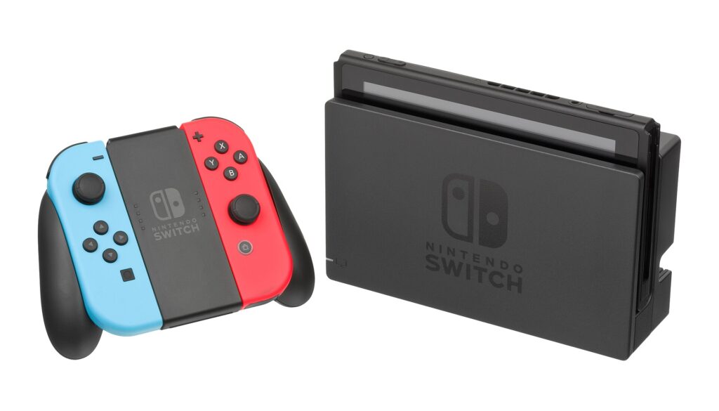 Nintendo Switch in its dock with Joy-Con controllers