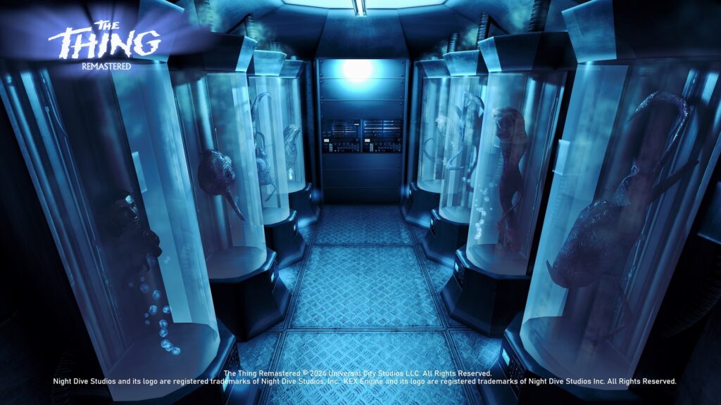 Een gang met capsules vol bevroren lichamen in The Thing: Remastered