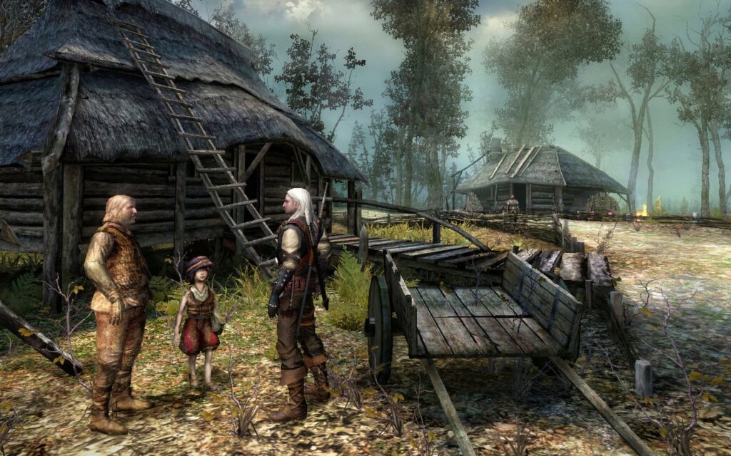 Geralt in a village in The Witcher