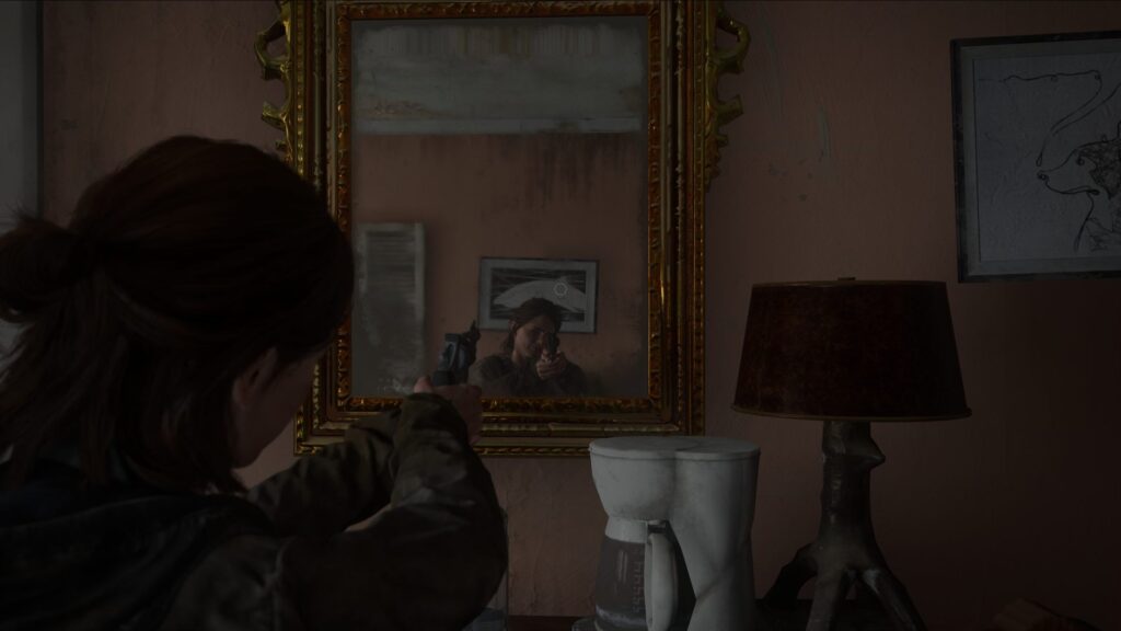 Ellie's reflection in a mirror
