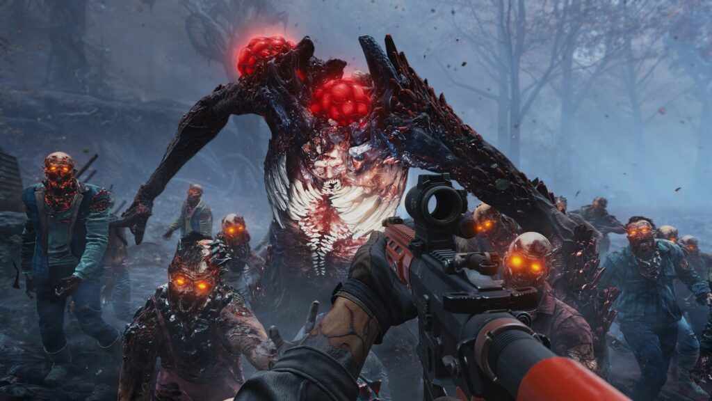 Een reusachtig monster tussen een horde zombies in Toxic Commando