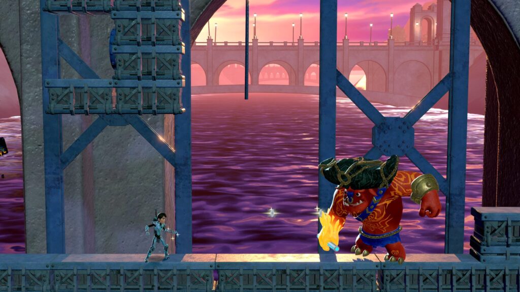 Jim vecht met een rode trol op een brug in Trollhunters: Defenders of Arcadia