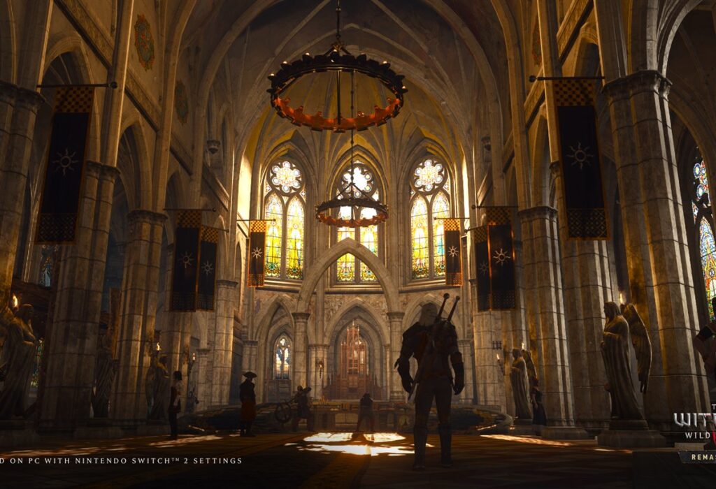 Geralt in a cathedral in The Witcher 3 Remastered