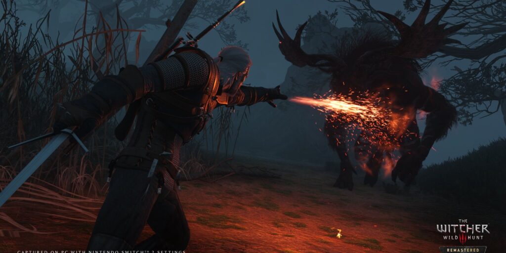 Geralt casting Igni at a leshen in The Witcher 3 Remastered