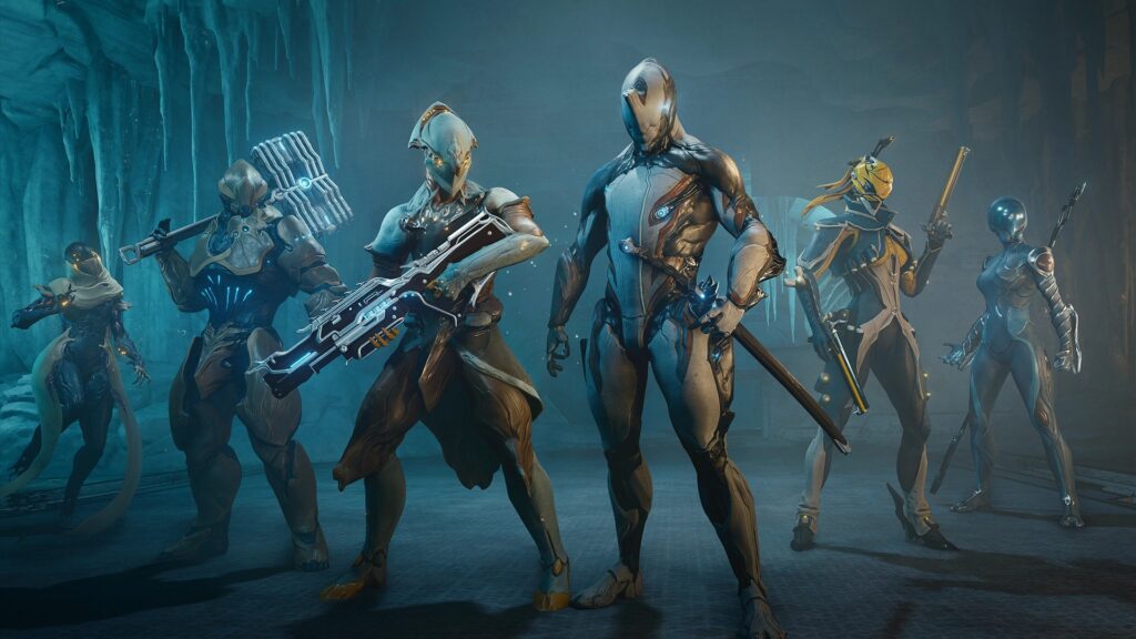 Een groep Warframes in een ijsgrot