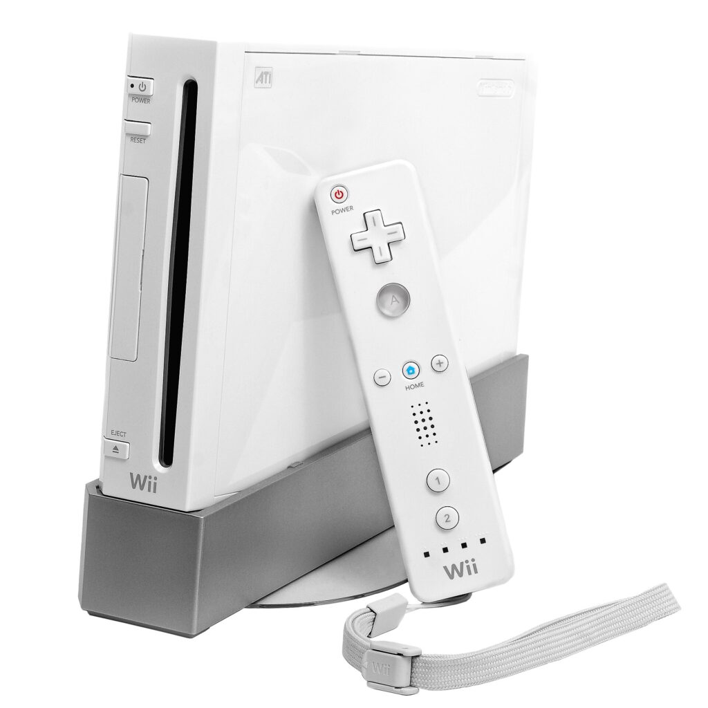 Nintendo Wii console standing upright