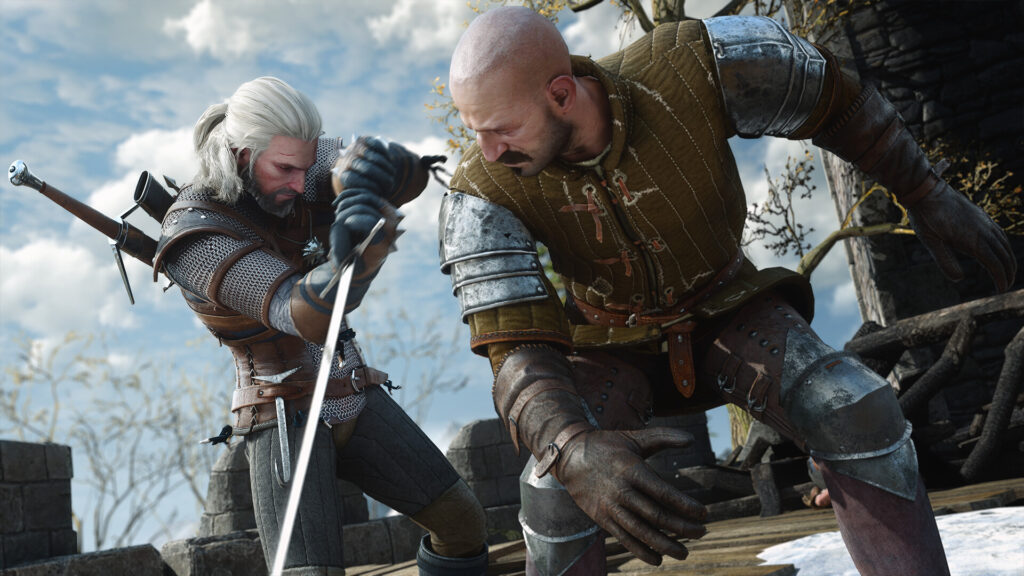 Geralt fighting an enemy on a snowy castle wall in The Witcher 3