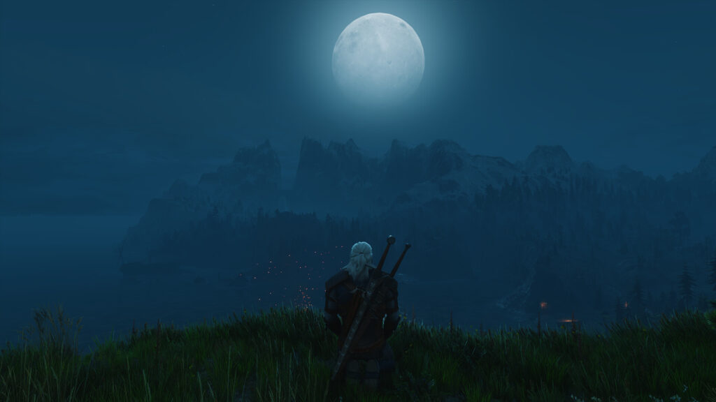 Geralt on a hill under the moon in The Witcher 3