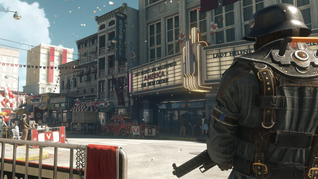 A regime soldier on the street of an American town in Wolfenstein II: The New Colossus