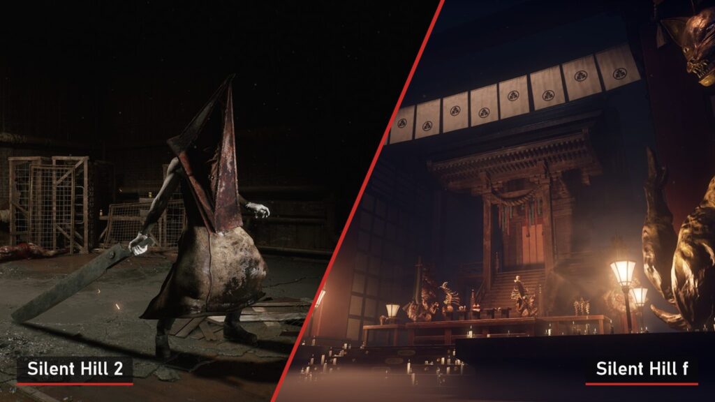 Links Pyramid Head uit de remake van Silent Hill 2, rechts een heiligdom uit Silent Hill f