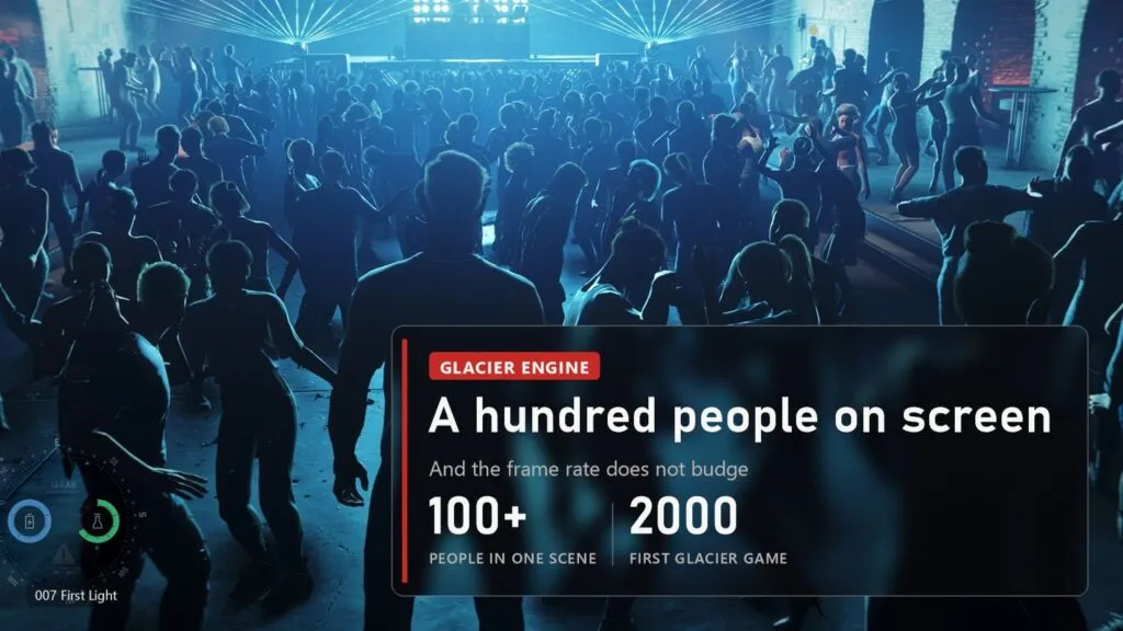 A crowd on a nightclub dance floor in 007 First Light with a plate about the Glacier engine