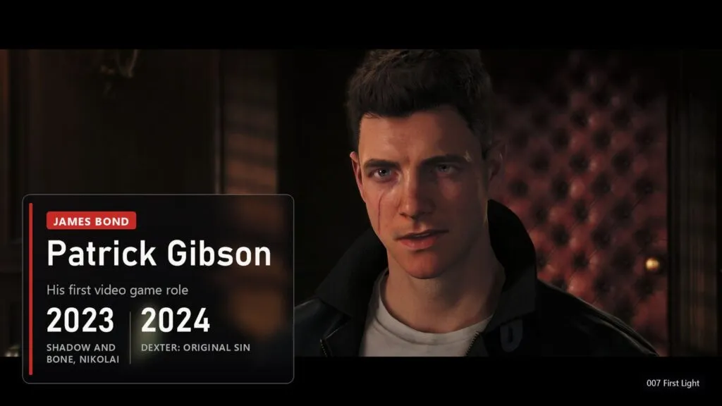 Close-up of young James Bond in 007 First Light with a plate about actor Patrick Gibson