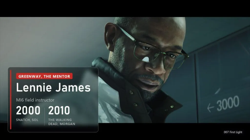 John Greenway, Bond's mentor, in 007 First Light with a plate about actor Lennie James