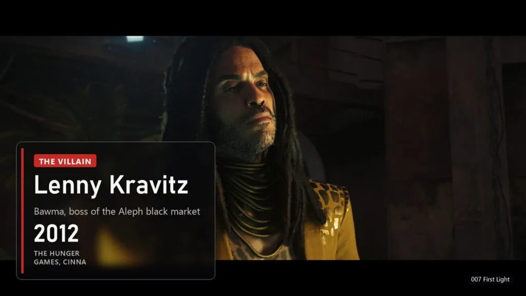 The dreadlocked villain Bawma in 007 First Light with a plate about Lenny Kravitz