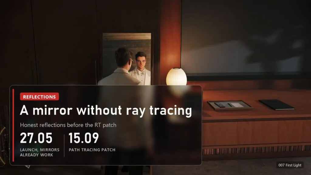 Bond in a white tuxedo reflected in a hotel room mirror in 007 First Light