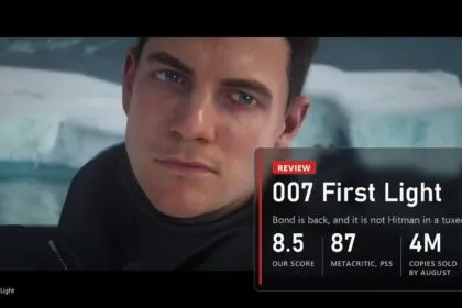 Close-up of young James Bond in 007 First Light with a review plate scoring it 8.5