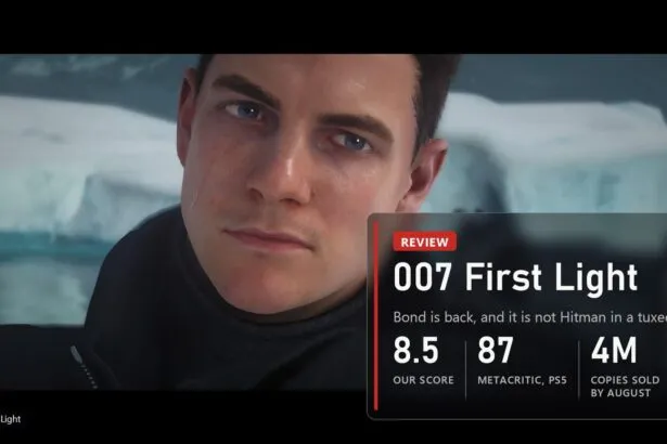 Close-up of young James Bond in 007 First Light with a review plate scoring it 8.5