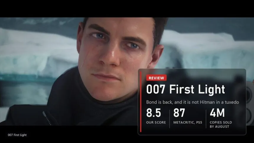 Close-up of young James Bond in 007 First Light with a review plate scoring it 8.5